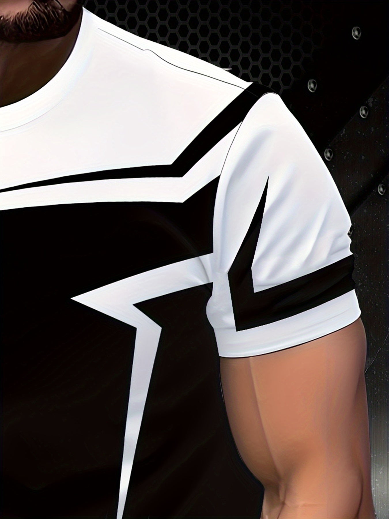 Men's Geometric Patchwork T-Shirt - Black & White Contrast Design, Breathable 100% Polyester, Regular Fit Casual Summer Tee, Machine Washable
