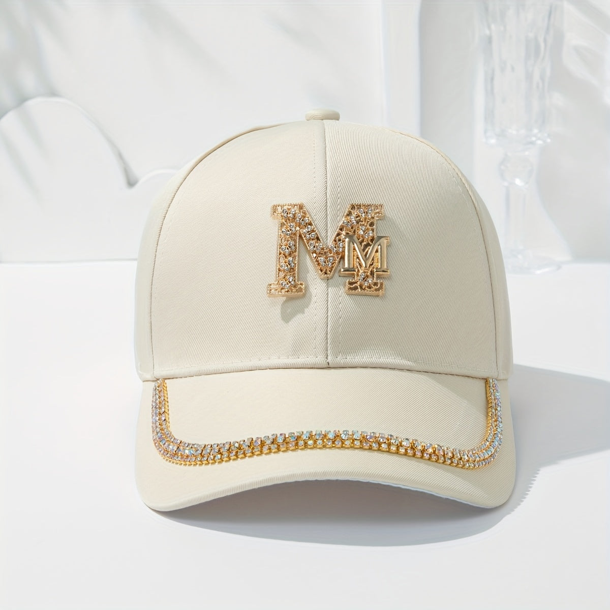 Women's Fashion Patch Baseball Cap With Metallic "M" Initial, Rhinestone Accents, Adjustable Snapback Cps, Wide Brim Sun Hats