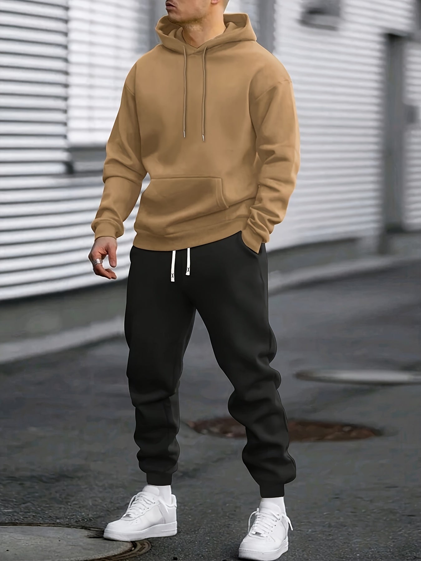 1set Men'S Casual Sports Suit, Polyester Hooded Sweatshirt and Jogger Pants Set, Solid Color, Elastic Waist, Cuffed Ankles, Knit Pullover with Pockets, Regular Fit for Outdoor Running and Jogging - Spring/Autumn Collection