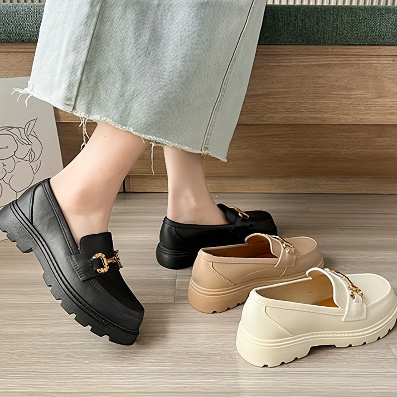 Women's Summer Fashion Loafers - Slip-On Platform Shoes with Metallic Buckle Decor, Round Toe, Cream/Black/Brown, Thick Sole TPU Material for Casual Outdoor Wear