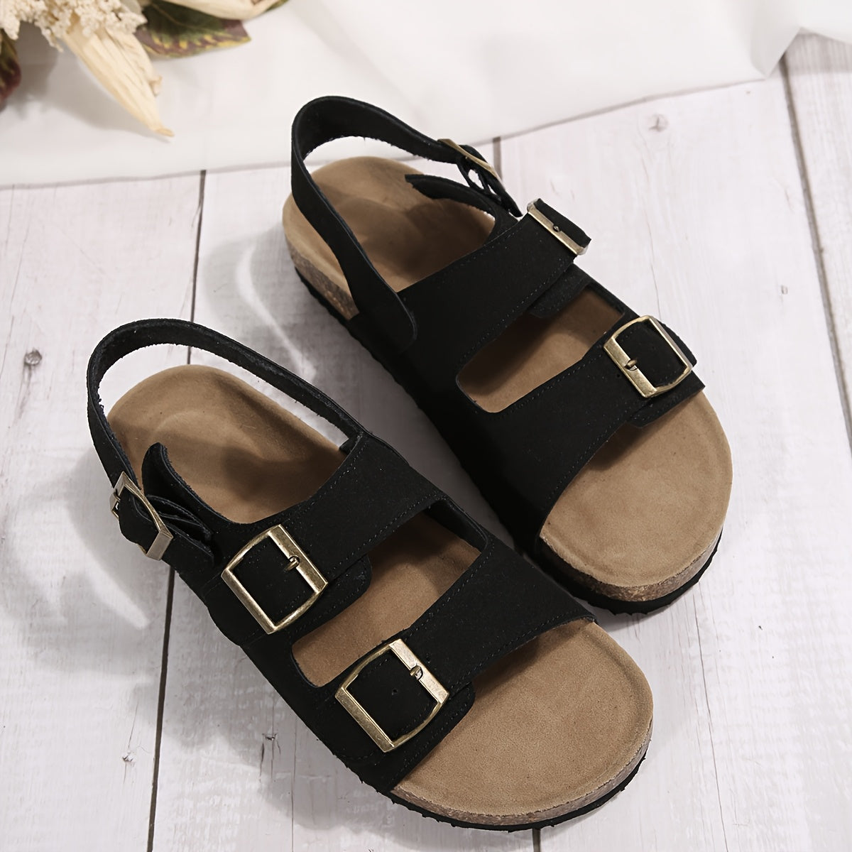 Women'S Black Flat Sandals with Buckle Closure - Comfortable, Soft Rubber Sole, Adjustable Strap Sandals for Casual Wear, Casual Footwear | Elegant Sandals | Buckle Closure Sandals