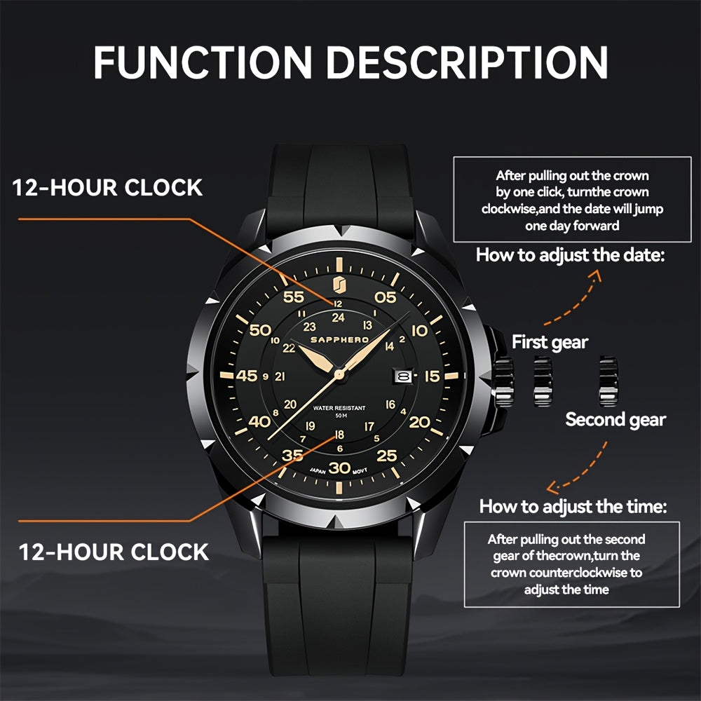 SAPPHERO Men's Luxury Watch - Stainless Steel Case & Band, 50m Waterproof, Analog Display with Date Window, Everyday & Formal Watch for Swimming, Business, Gifts - Affordable Luxury Wristwatch, Business Wristwatch, Sporty Ele