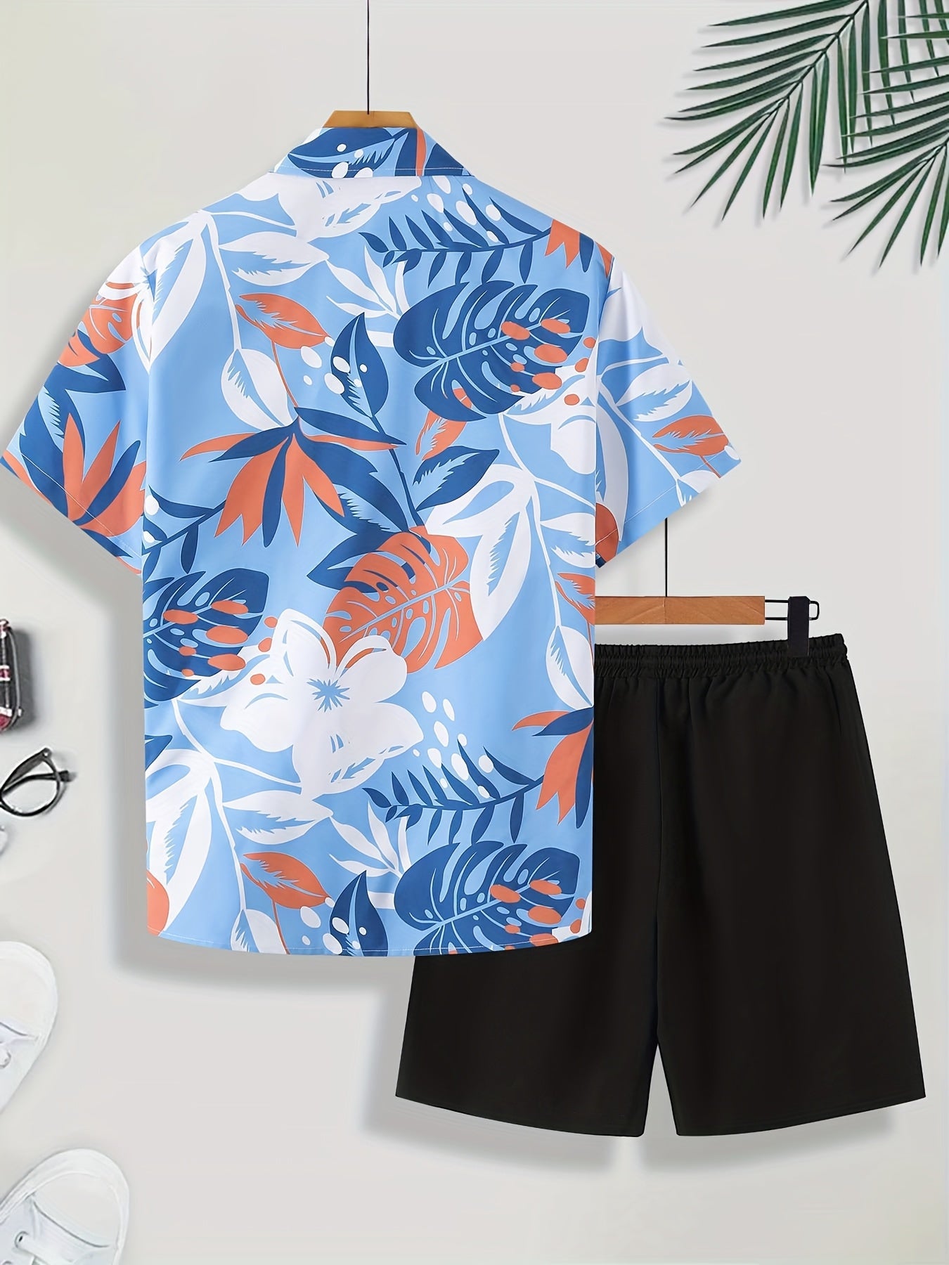 Men'S Tropical Palm Leaf Print Short Sleeve Shirt & Solid Black Shorts Set - Casual Summer Outfit with Drawstring Waist, Non-Stretch Fabric, Perfect for Beach or Vacation, Beach Attire | Tropical Print Shirt | Nonstretch Fabr