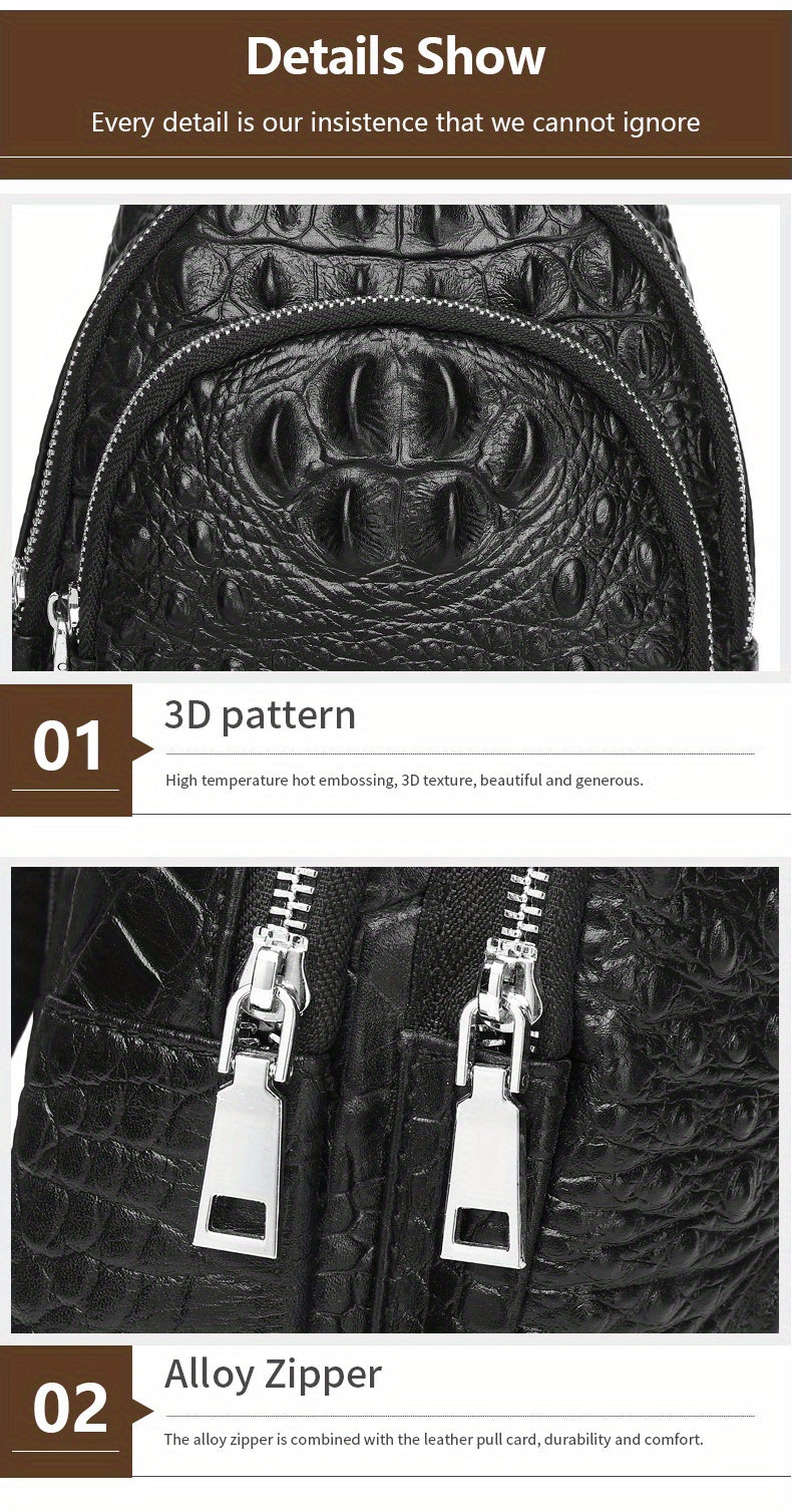 SCHLATUM Genuine Leather Crocodile Pattern Sling Bag - Black, Large-Capacity Multifunctional Crossbody Backpack for Travel, Sports & Camping, Stylish Zipper Closure Design