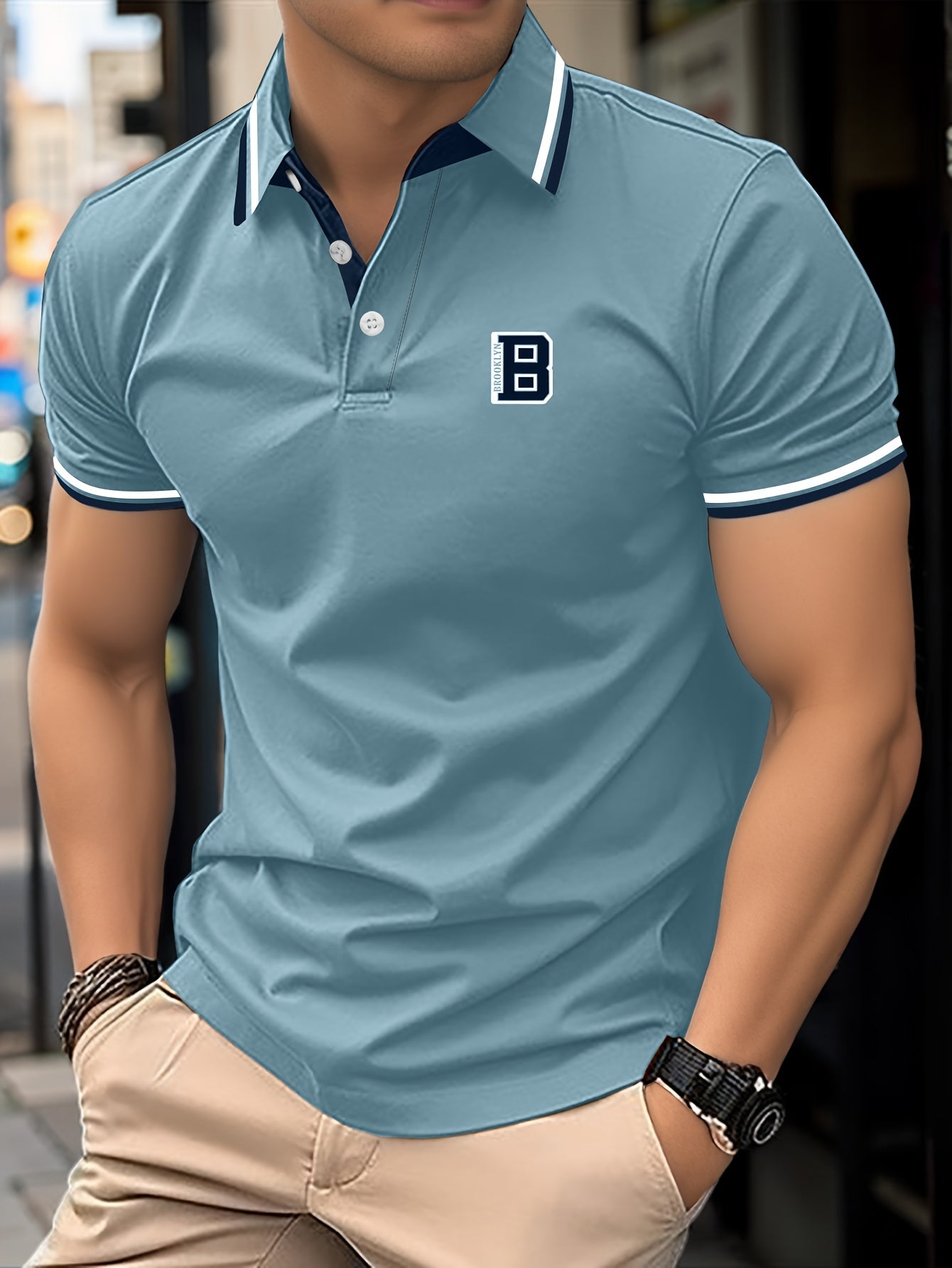 Men's Trendy Simple Letter Print Color Block Short Sleeve Button Up Lapel Shirt For Summer Daily, Golf Shirt