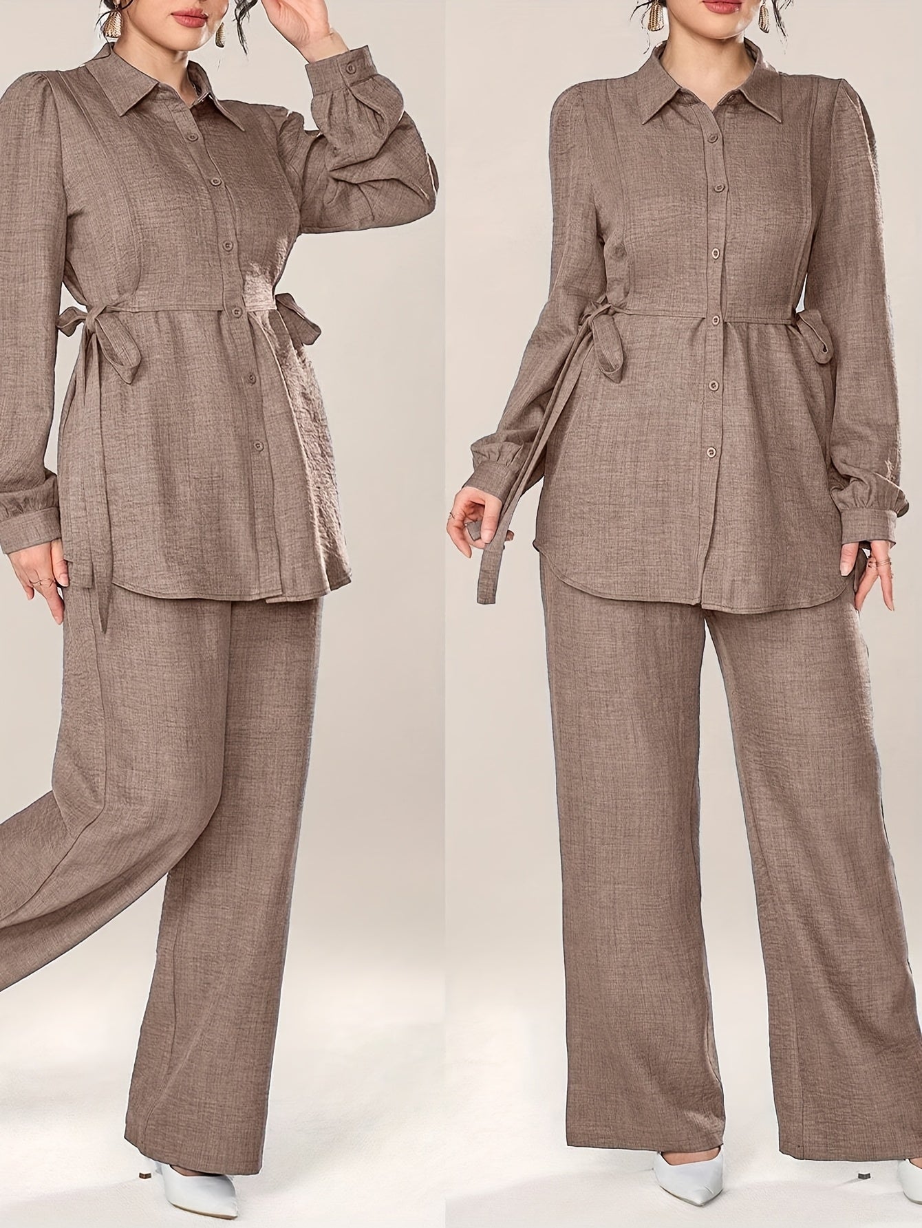 Women'S Stylish Two-Piece Set - Elegant Long Sleeve Shirt with Tie Waist and Wide Leg Pants, Perfect for Office Wear, Office Attire|Elegant Two-Piece Set|Polyester Fabric