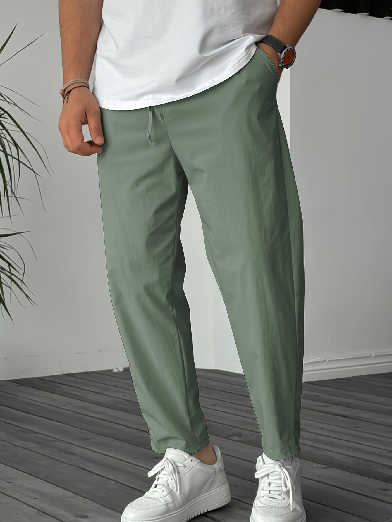 Men's Solid Pants With Pockets, Casual Drawstring Trousers For Outdoor Activities Gift