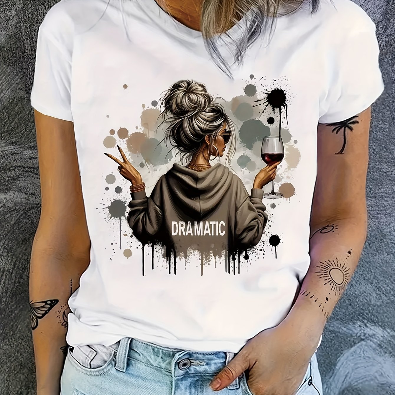 Women'S White T-Shirt with Bold "Dramatic" Lettering & Wine Art Print - Casual Summer Crew Neck Short Sleeve, Machine Washable, Comfort Fit for Wine Lovers, Allseason Top, Artistic Print Shirt, Elegant Casualwear