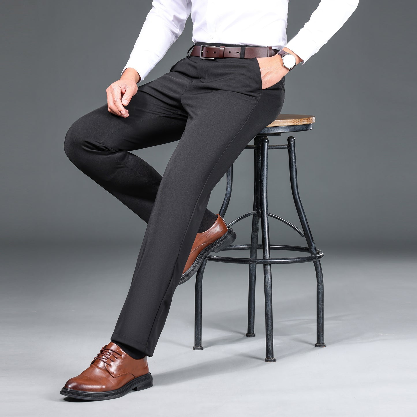 1pc Men'S Warmth Business Casual Pants, Fall/Winter Fleece-Lined Thickened Straight-Leg Trousers with Slant Pockets, Solid Color Knit Fabric Regular Fit Dress Pants with Zipper Closure, Medium Stretch Polyester