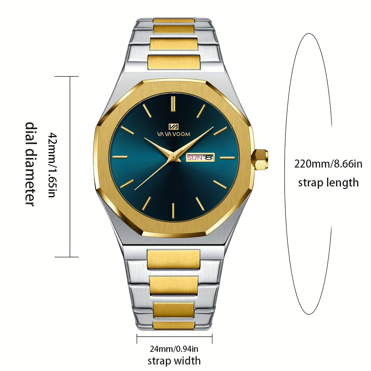 1pc Men'S Luxury Business Style Watch - Blue & Golden Stainless Steel, 42mm, Dual Calendar Quartz Movement, VA VOOM Brand, Outdoor Sports & Leisure Gift, Outdoor Sports Watch | Elegant Watch Design | Quartz Watch Movement, Lu