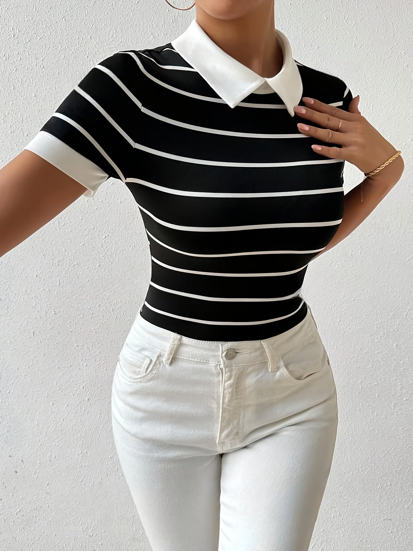 Elegant Women's Black & White Striped Short Sleeve T-Shirt with Chic Collar - Polyester Blend, Machine Washable, Perfect for Summer