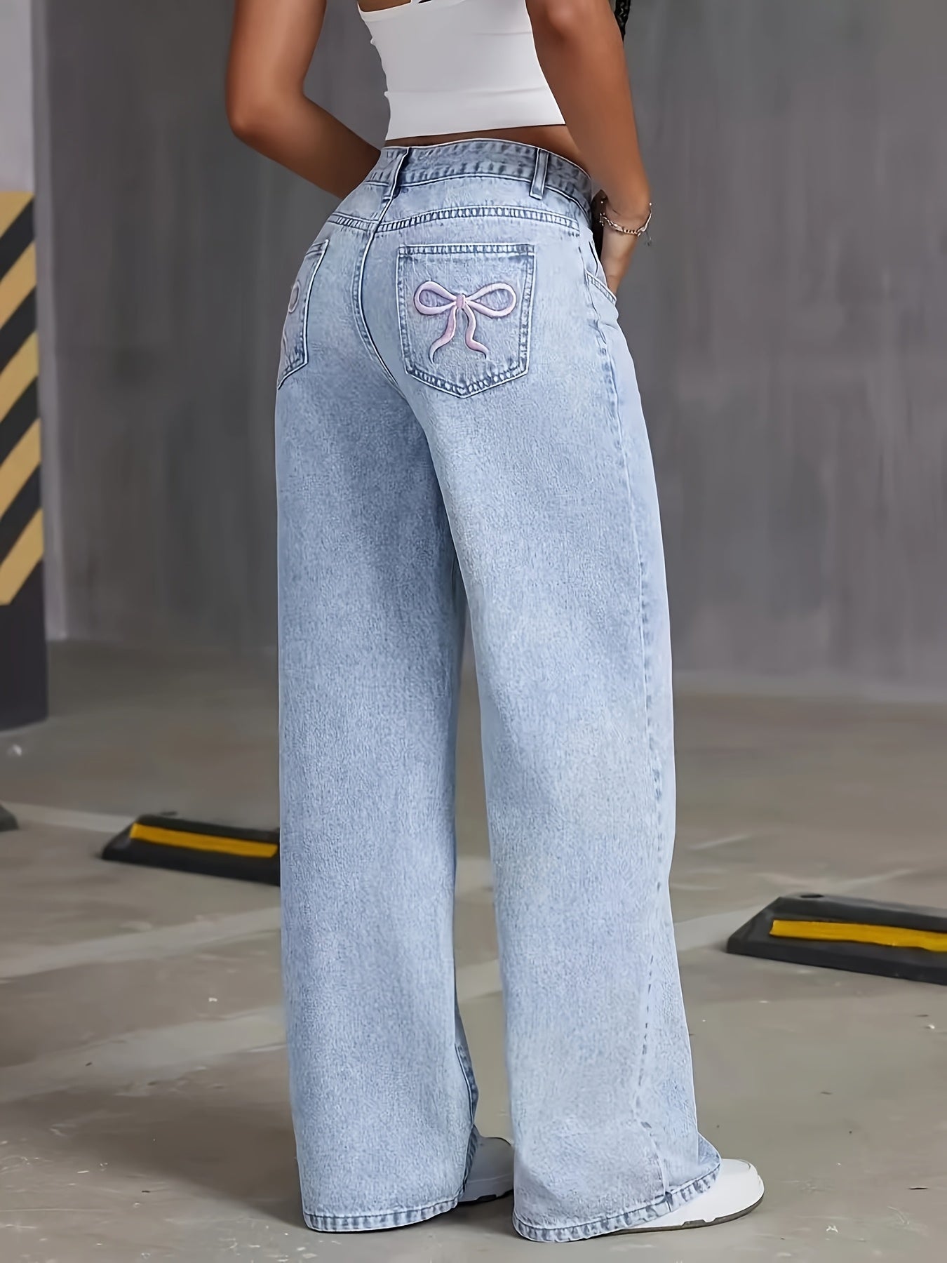 Women's High-Rise Light Wash Blue Denim Wide-Leg Pants with Butterfly Details - Street Style, Non-Stretch Fabric, Machine Washable