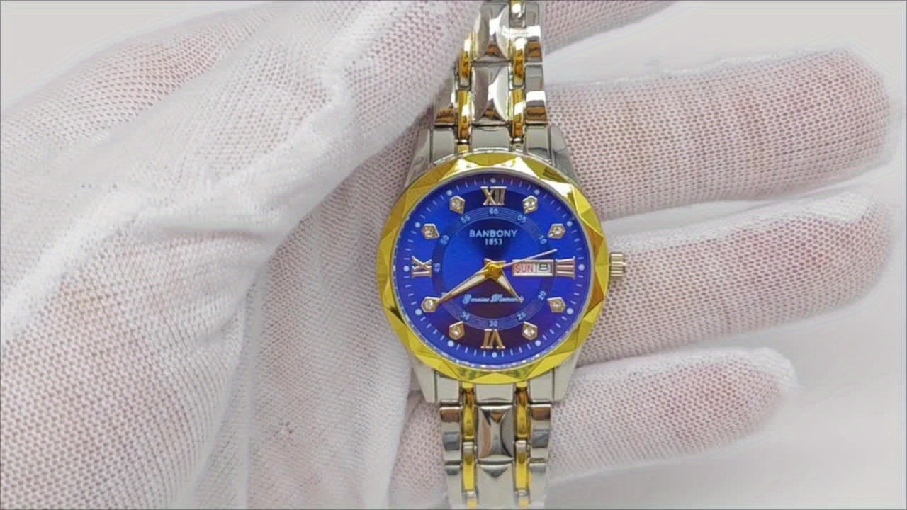 1pc Elegant BANBONY Stainless Steel Women'S Watch with Sparkling Rhinestones, Double Calendar, Glow-in-the-Dark Display, Waterproof - Ideal Gift for Birthdays, Anniversaries, and Special Occasions, Luxury Accessory | Elegant