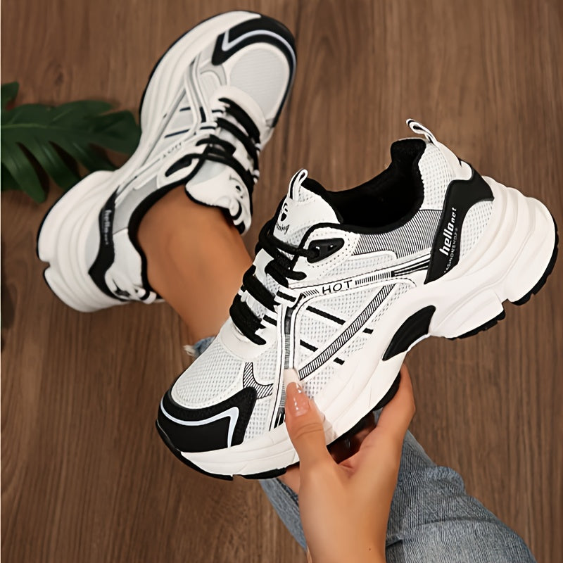 Women's Minimalist Black and White Thick-Sole Lace-Up Sneakers with Breathable Mesh Material, Comfortable for Daily Wear and Light Exercise