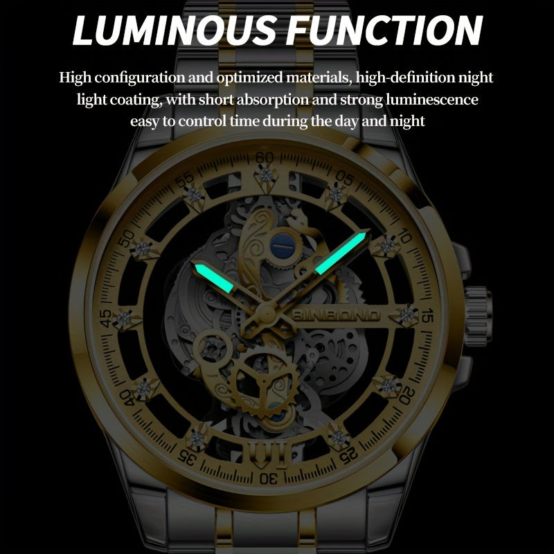 BINBOND Men's Sleek Golden-Tone Quartz Watch - Transparent Dual-Sided Hollow Design, Waterproof with Luminous Hands, Stainless Steel Band, Ideal Gift