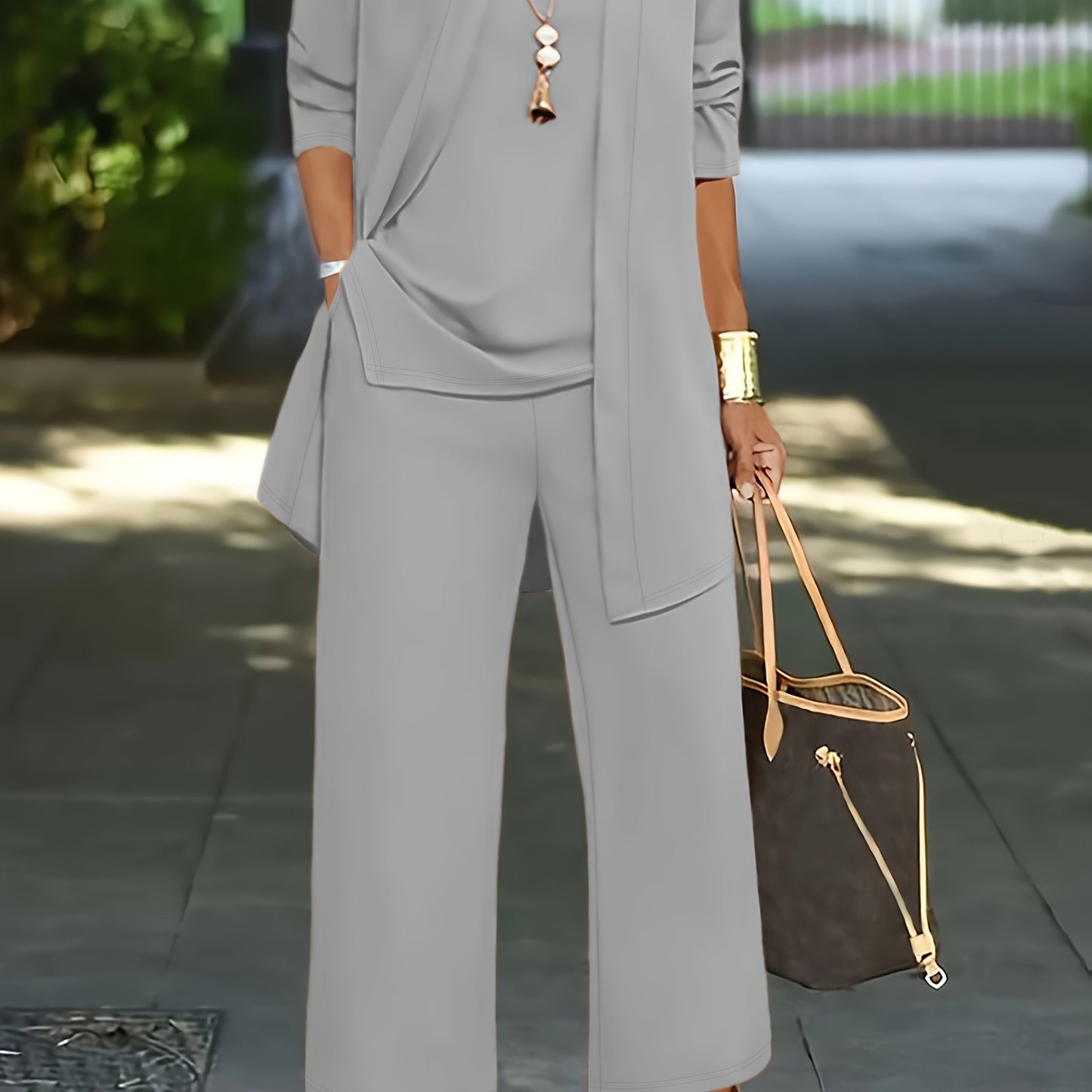 Plus Size - Spring and Autumn Women'S Simple Casual Solid Color Jacket Top Cardigan + Round Neck Sleeveless Vest + Elastic Waist Drape Pocket Straight Pants Three-Piece Set Commuting Suit