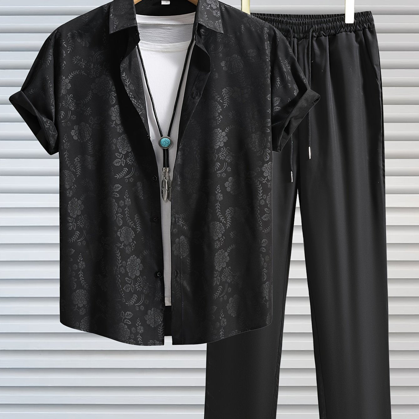 Men's Outfit, Casual Floral Graphic Print Lapel Short Sleeve Button Up Shirt & Drawstring Pants 2-piece Set For Outdoor Activities