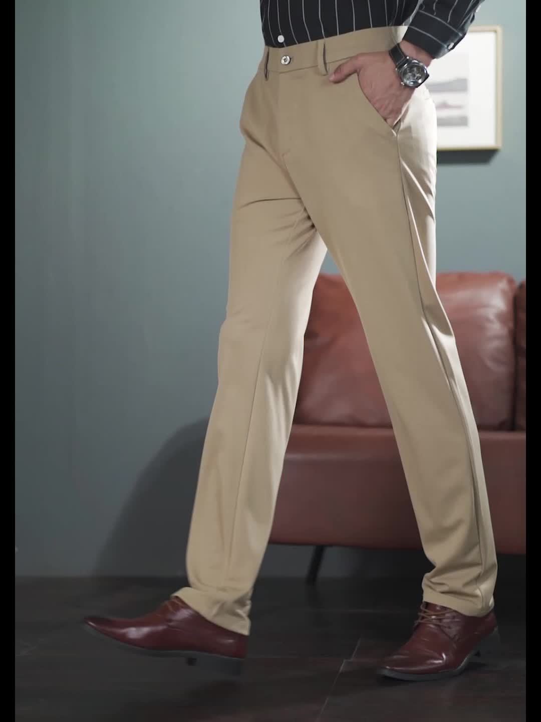 Men's Stretch Dress Pants, Beige with Embroidered Logo - Straight Fit, Wrinkle-Resistant, Polyester Blend, Ideal for Business Casual or Formal Occasions, Allseason Wear|Straight Cut Pants|Stretch Fabric