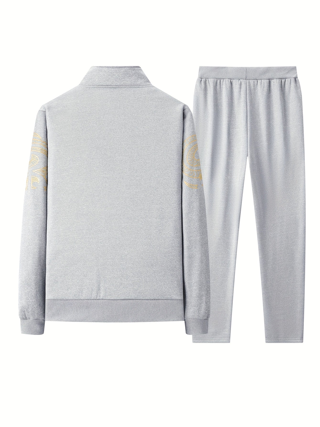 Men's Casual Print Sweatshirt & Joggers Set - Polyester, Stand Collar, Zip-Up Jacket for Spring/Fall