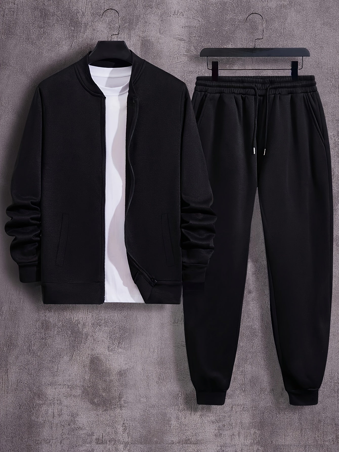 Men'S Casual Polyester Sweatsuit Set with Baseball Collar and Slight Stretch - Solid Color Long Sleeve Knit Fabric Track Suit for Fall/Winter