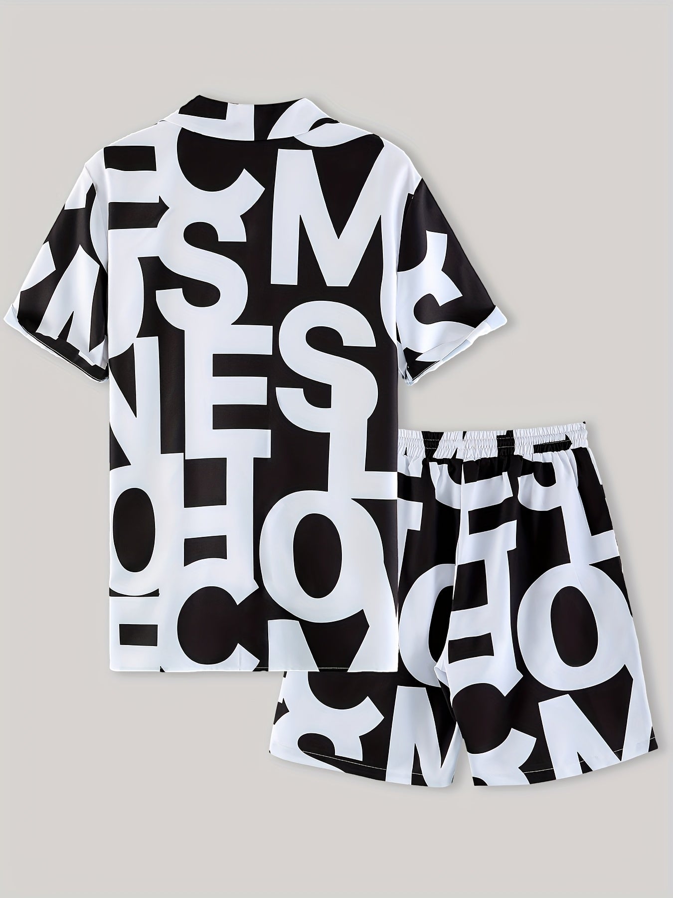 Men's Suit with Black and White Letter Print, Short Sleeve, Open Collar Shirt and Shorts, Casual Set
