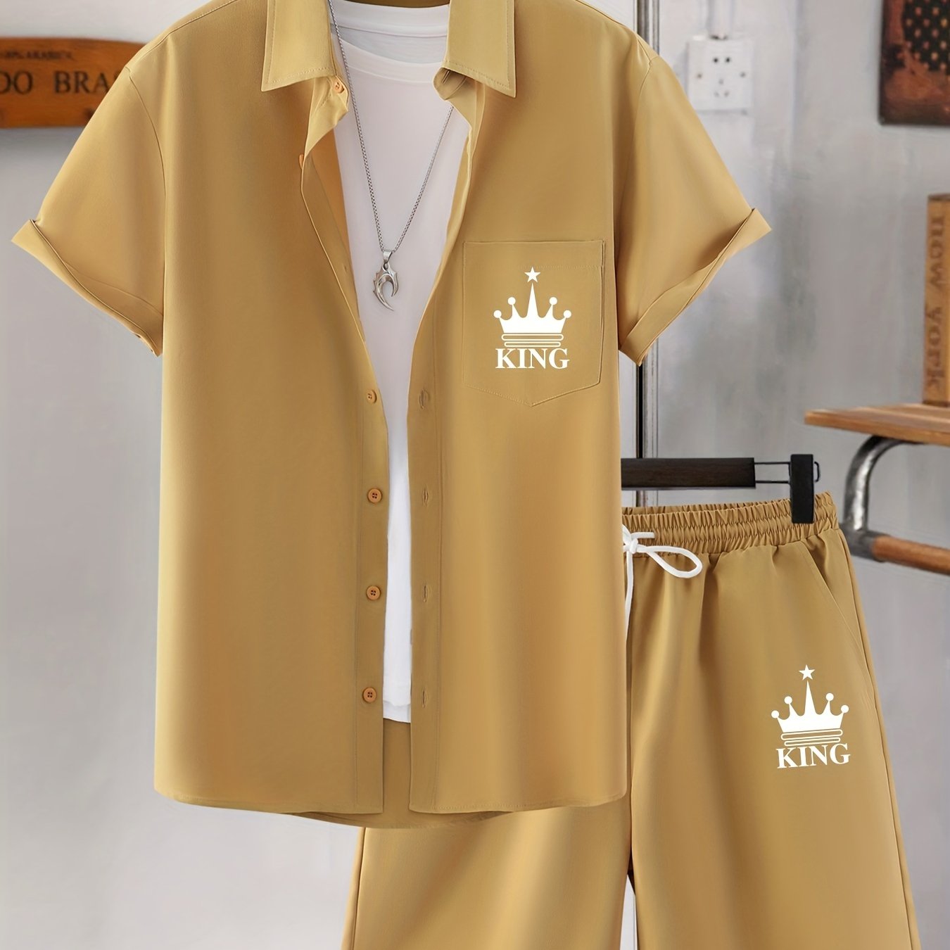Men's Casual Short Sleeve Collar Shorts Printed Fashion Suit