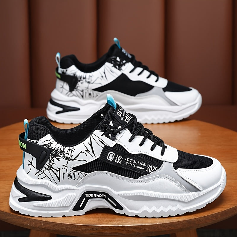 Men's Stylish Platform Sneakers with Wave Pattern - Comfortable, Non-Slip & Durable for Outdoor, Campus Walks & Travel | Lace-Up, Breathable Design, for Autumn, Spring