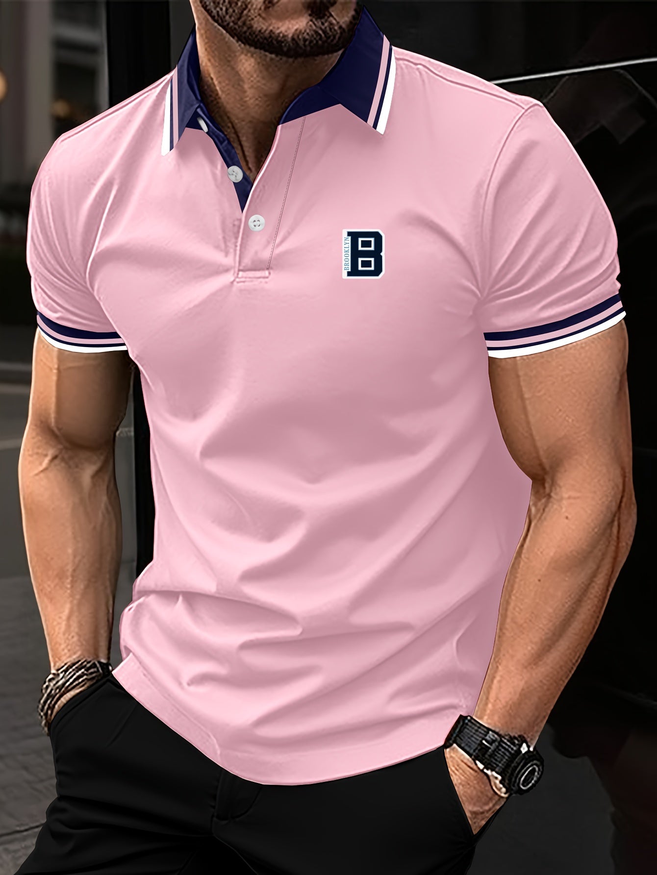 Men's Trendy Simple Letter Print Color Block Short Sleeve Button Up Lapel Shirt For Summer Daily, Golf Shirt
