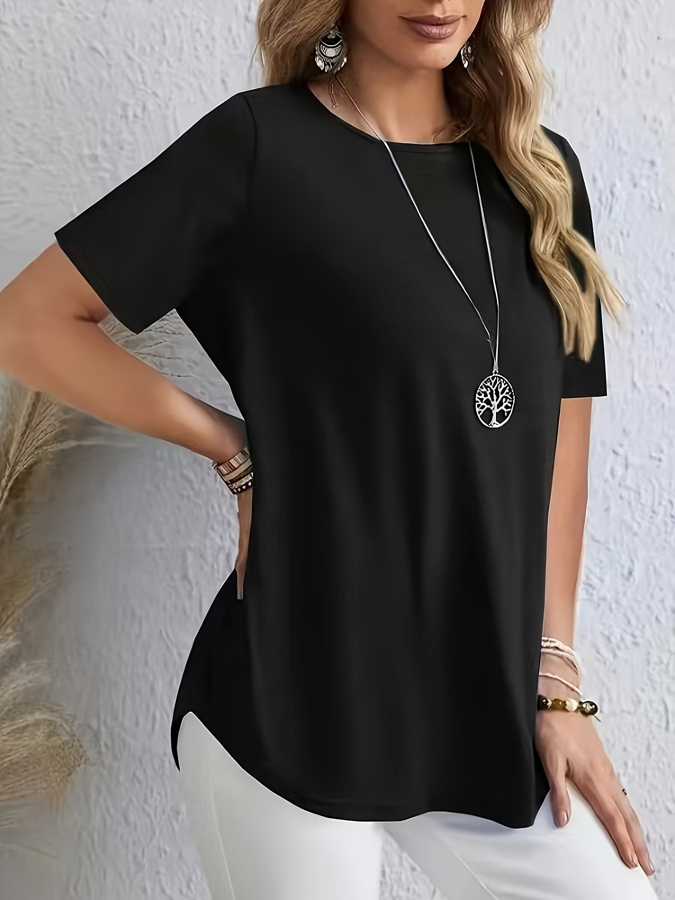 Women's Elegant Solid Color Short Sleeve T-Shirt with Back Button Detail - Loose Fit Casual Spring/Summer Top, Machine Washable, Polyester Blend, Maroon, Spring Fashion Wear | Solid Color Blouse | Glossy Fabric, Ladies T Shir