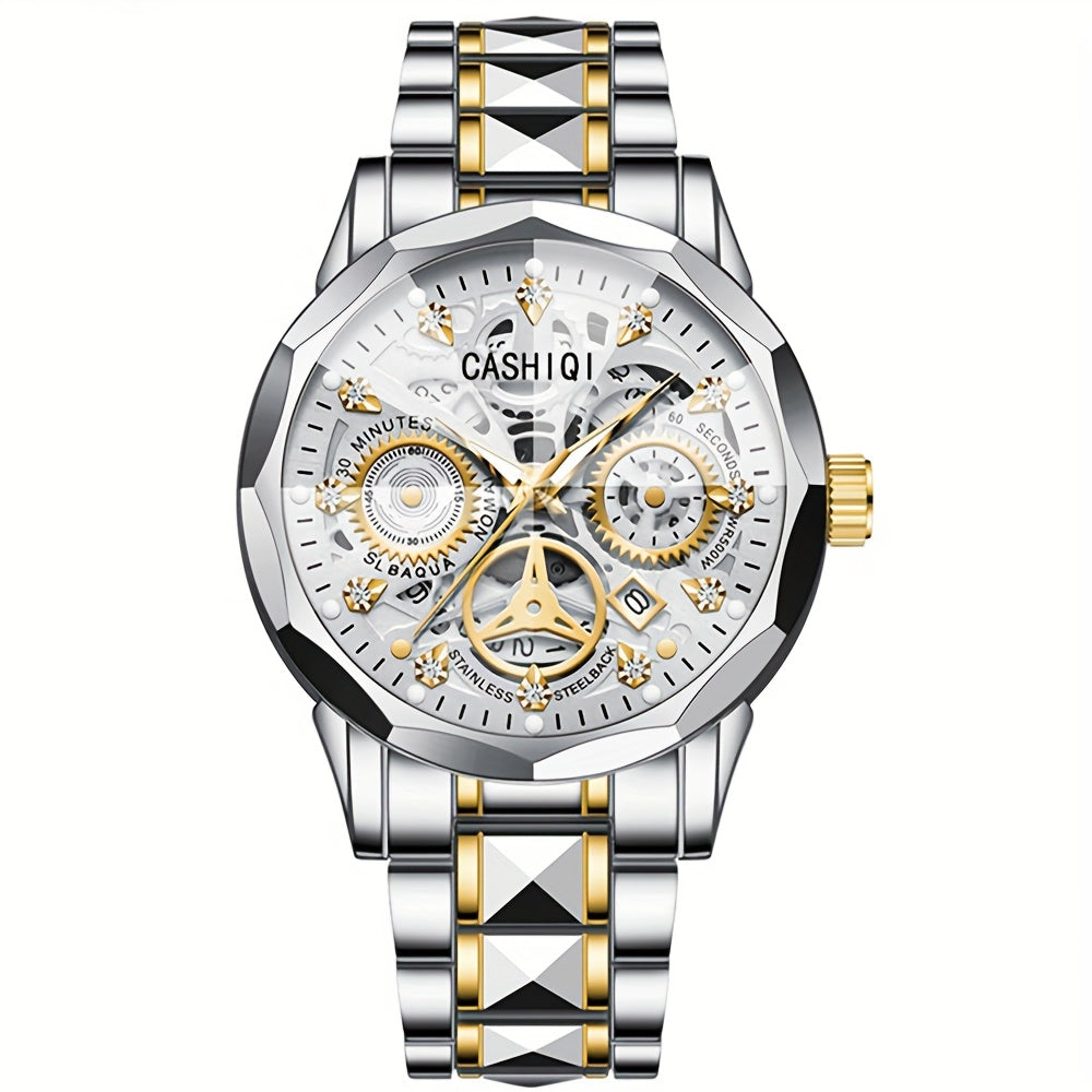 CASHIQI Brand Men'S Steel Strap Quartz Watch with Rhombus Dial, Sparkling Decoration, Calendar, And Luminous Display, IPX7 Waterproof Hollow Quartz Watch for Business, Travel, And Casual Wear - A Perfect Gift Choice.