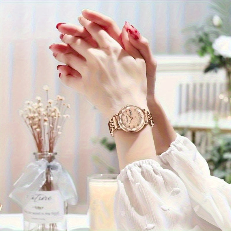 1pc POEDAGAR Elegant Women'S Quartz Watch - Luxurious Rose Golden-Tone with Luminous Hands, Calendar Display, Alloy Case & Band, Quartz Movement, Fashion Accessory|Elegant Timepiece|Rose Golden Finish, Watch Accessories