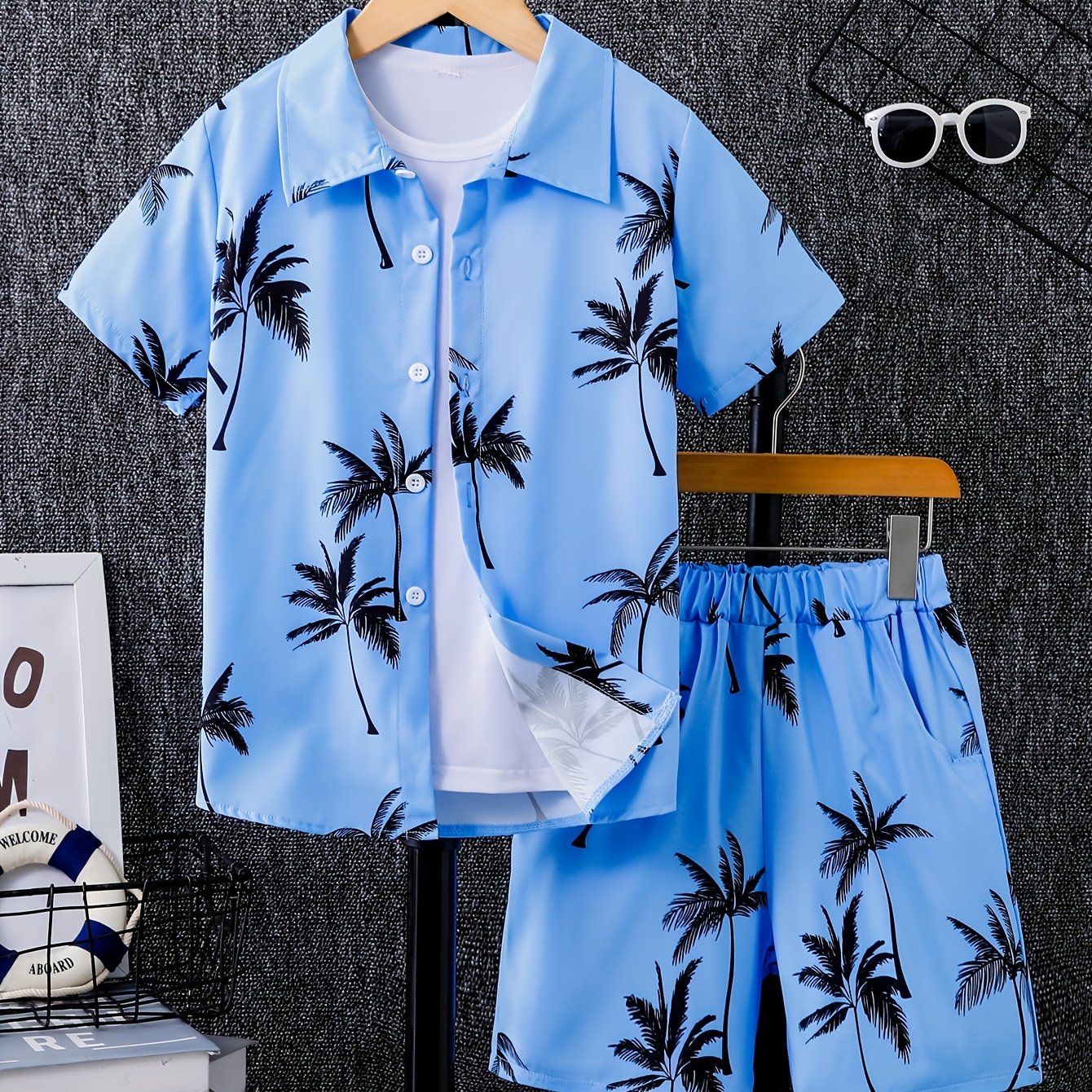 2pcs Boys Casual Coconut Tree Graphic Print Short Sleeve Lapel Shirt & Shorts Set, Comfy Summer Boys Clothing For Daily & Outdoor Wear