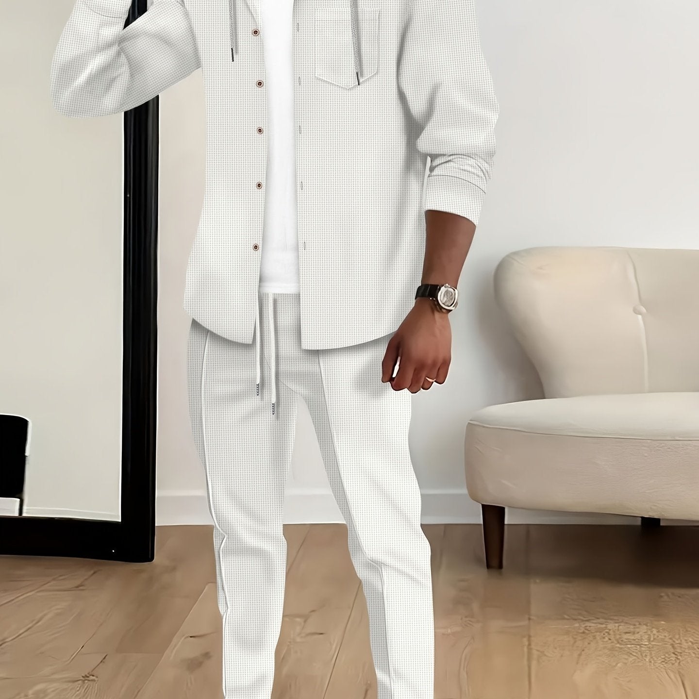 New Long Sleeve Buttoned Hooded Jacket and Rope Pants Set for Spring and Autumn, Waffle Solid Classic Men's Sports 2pcs Sports Suit - Sports Suit for Outdoor Sports Enthusiasts, Breathable and Comfortable