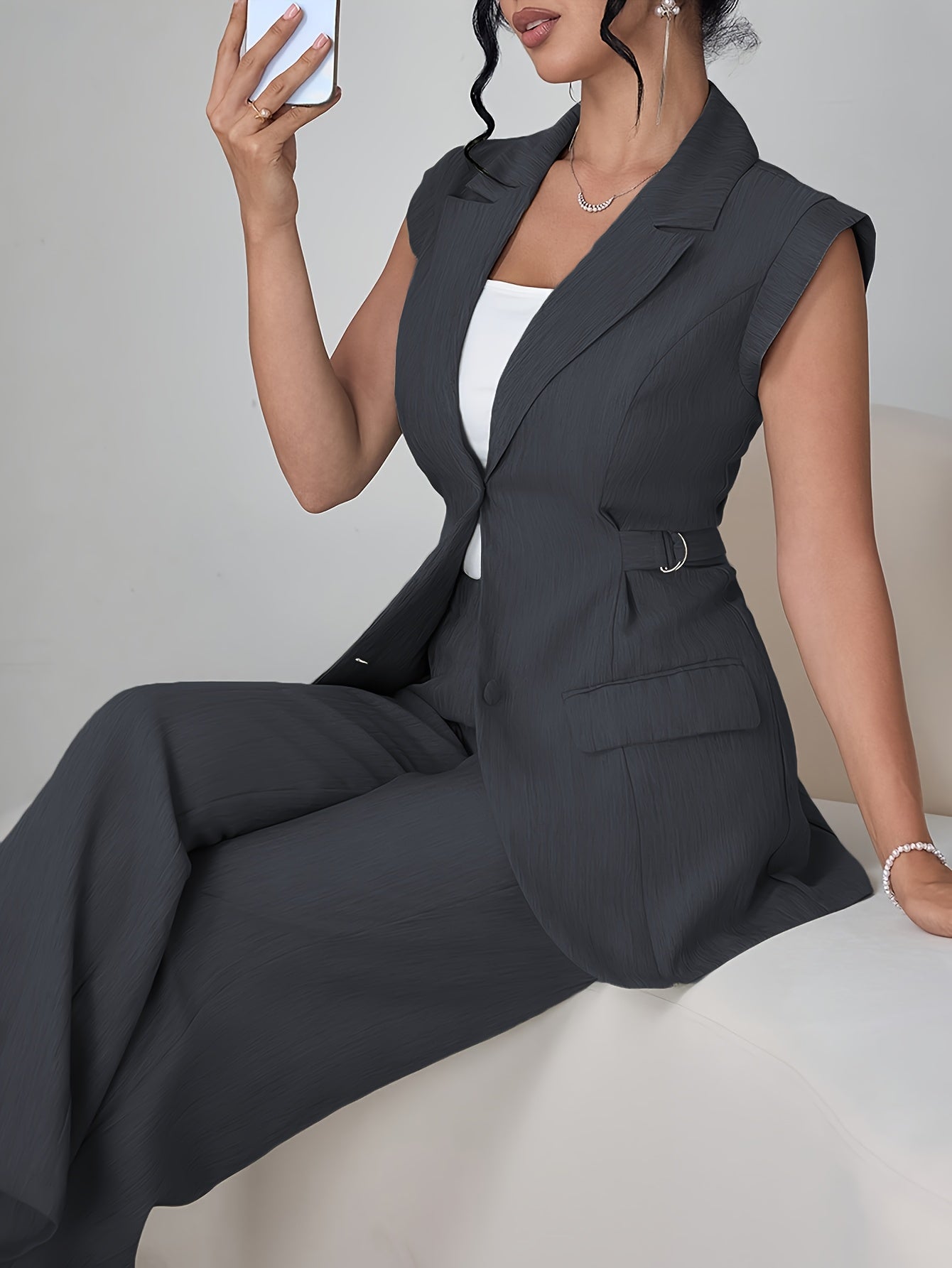 Stylish Women'S Elegant Modern Two-Piece Set with Side-Waist Design, Solid Color Sleeveless Jacket and Pants for Spring/Summer