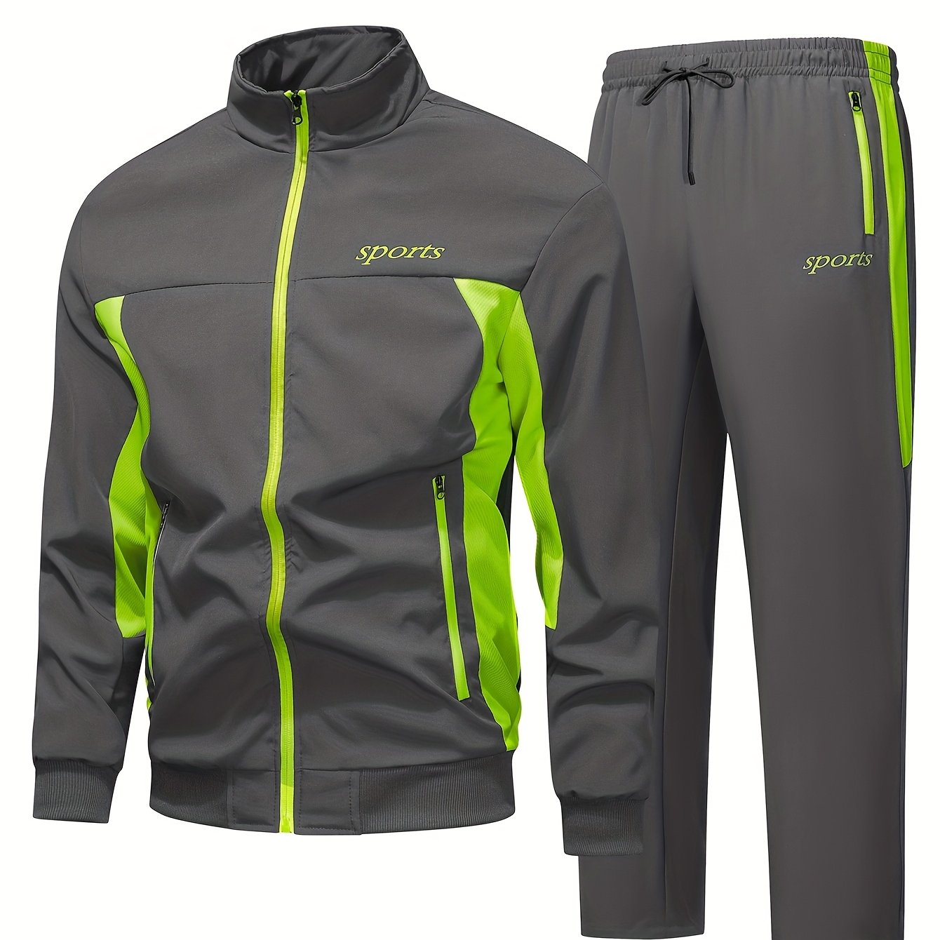 Men's Two-Tone Spliced Jacket and Pants Set in Fluorescent Green with 'Sports' Letter Print, Eye-Catching Fashion Design, Comfortable Soft Fabric, Essential Outfit for Home or Outdoor Wear TZ8030