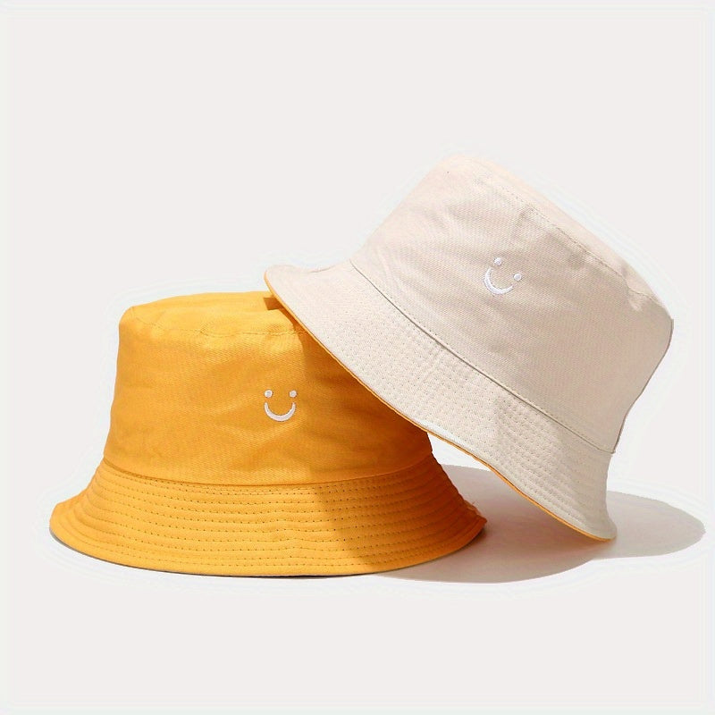 Unisex Black & White Fisherman Hat with joyful Face Embroidery - Double-Sided, Sporty Polyester Bucket Hat for Men and Women, Ideal for Outdoor Activities, Outdoor Hat | joyful Face Embroidery | Durable Headgear