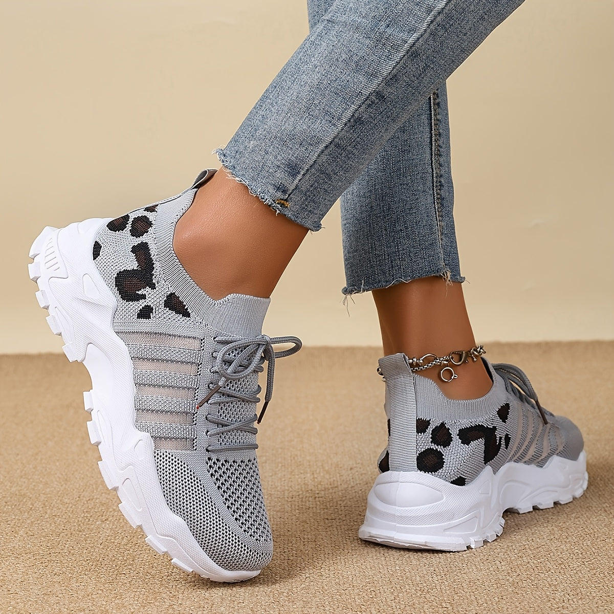 Women's Fashion Leopard Print Lace-Up Sneakers, Breathable Mesh Walking Shoes for Spring/Summer, Lightweight Comfortable Casual Sports Control Footwear with PVC Sole and Microfiber Insole