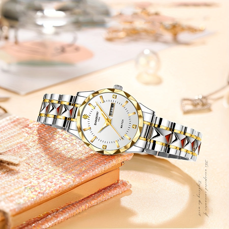 1pc BANBONY Women's Stainless Steel Quartz Watch with Rhinestone Accents, Scratch-Resistant Luminous Dial, IPX7 Waterproof, Week Calendar Display, Blue Dial & Golden-Tone Case - Luxury Casual Sports Watch for Birthdays, Holid