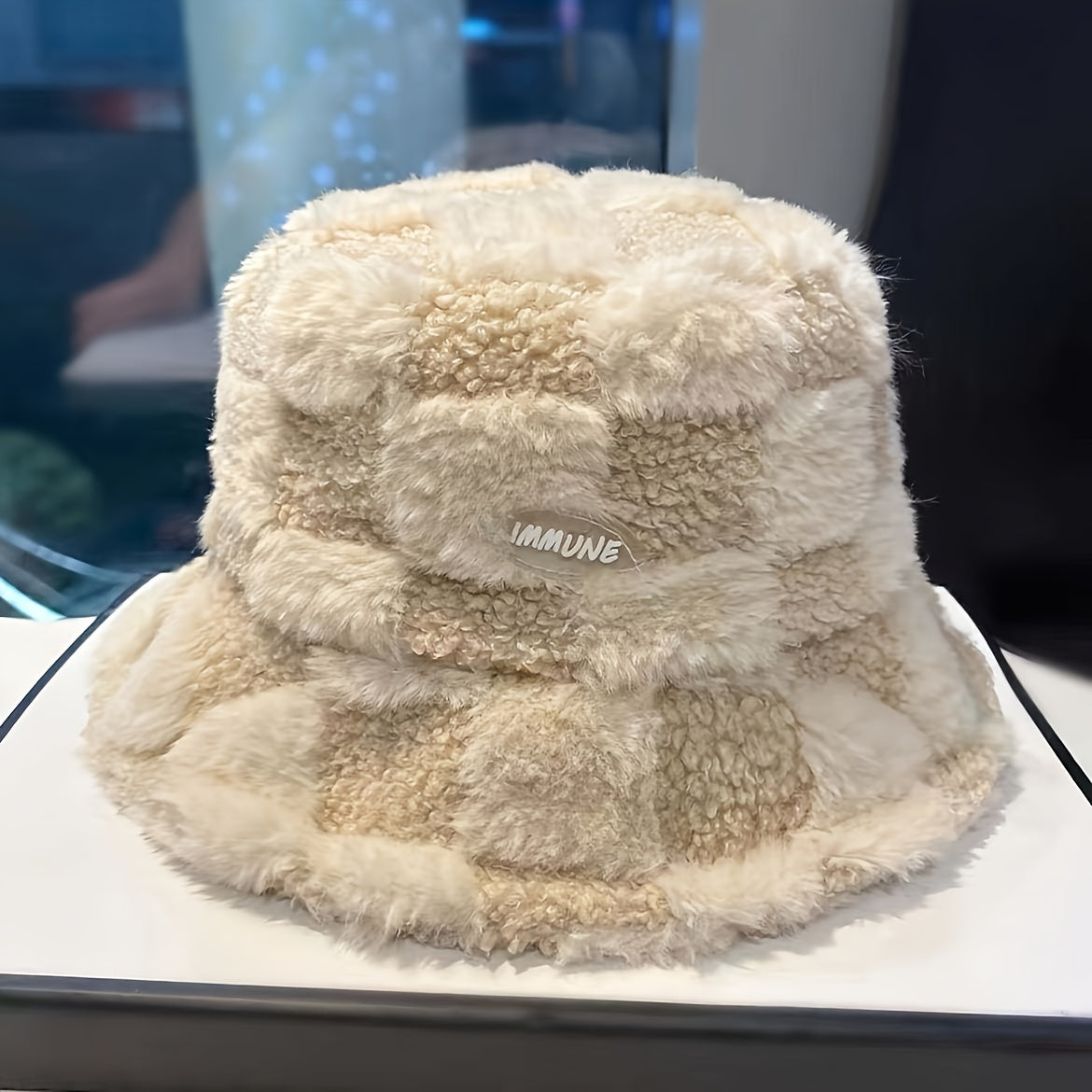 1pc Fashionable Unisex Winter Warmth Bucket Hat, Thickened Plush Polyester Fiber, Knitted Elastic Fabric, Cozy Plaid Fisherman Cap with Lettering