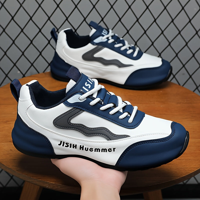 Men's Breathable Color-Block Low-Top Running Shoes - White & Navy Blue Contrast Design, Durable PU Upper & PVC Sole, All-Season Non-Slip Traction for Gym, Jogging, Casual Wear, Jogging Footwear | Sporty Look | Fabric Lined In