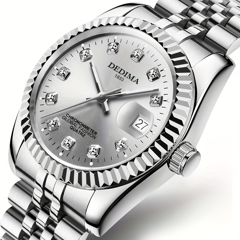DEDIMA Elegant Stainless Steel Band Calendar Watch, Quartz Movement, Round Dial with Rhinestones, Battery-Powered, Non-Rechargeable Button Battery, Regular Cleaning, for Men, Women, Students, Christmas, Valentine'S Day, Thank