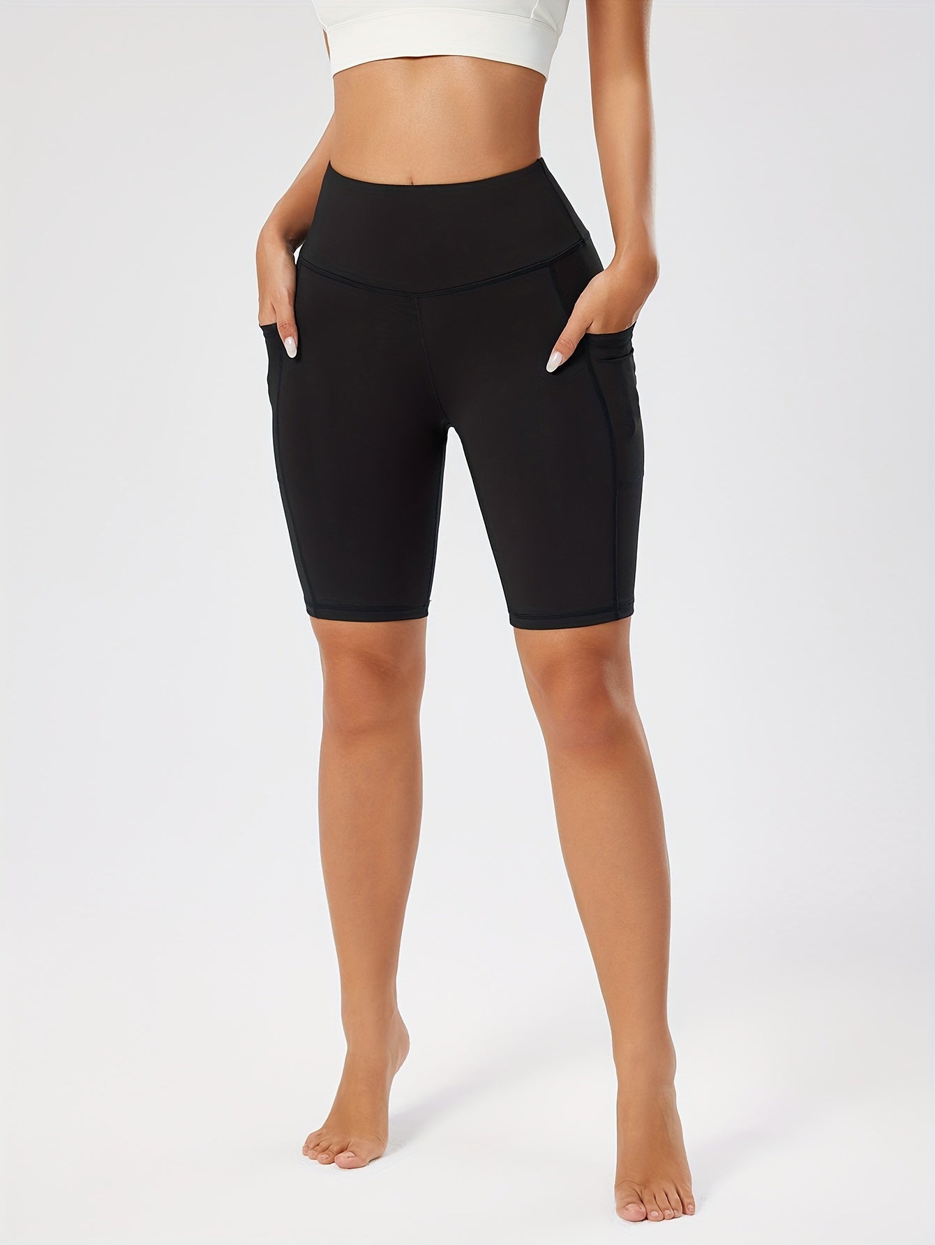 Women's High-Waist Black Yoga Shorts with Pockets - Tummy Control, Stretchy Running & Workout Leggings, Durable Polyester/Spandex Blend, Sleek Design
