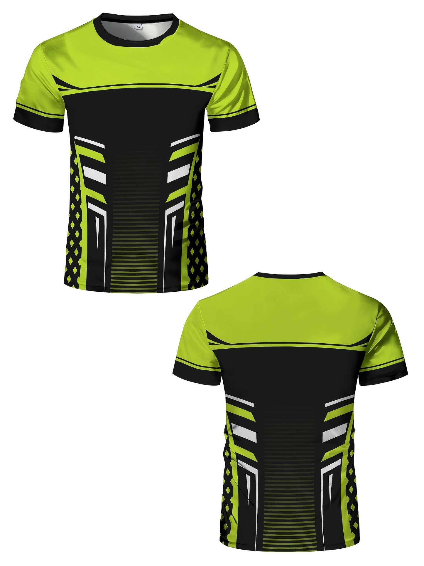 Geometric print high stretch skinny fit short sleeve crew neck T-shirt, quick-drying sports top for summer fitness, training and gym wear