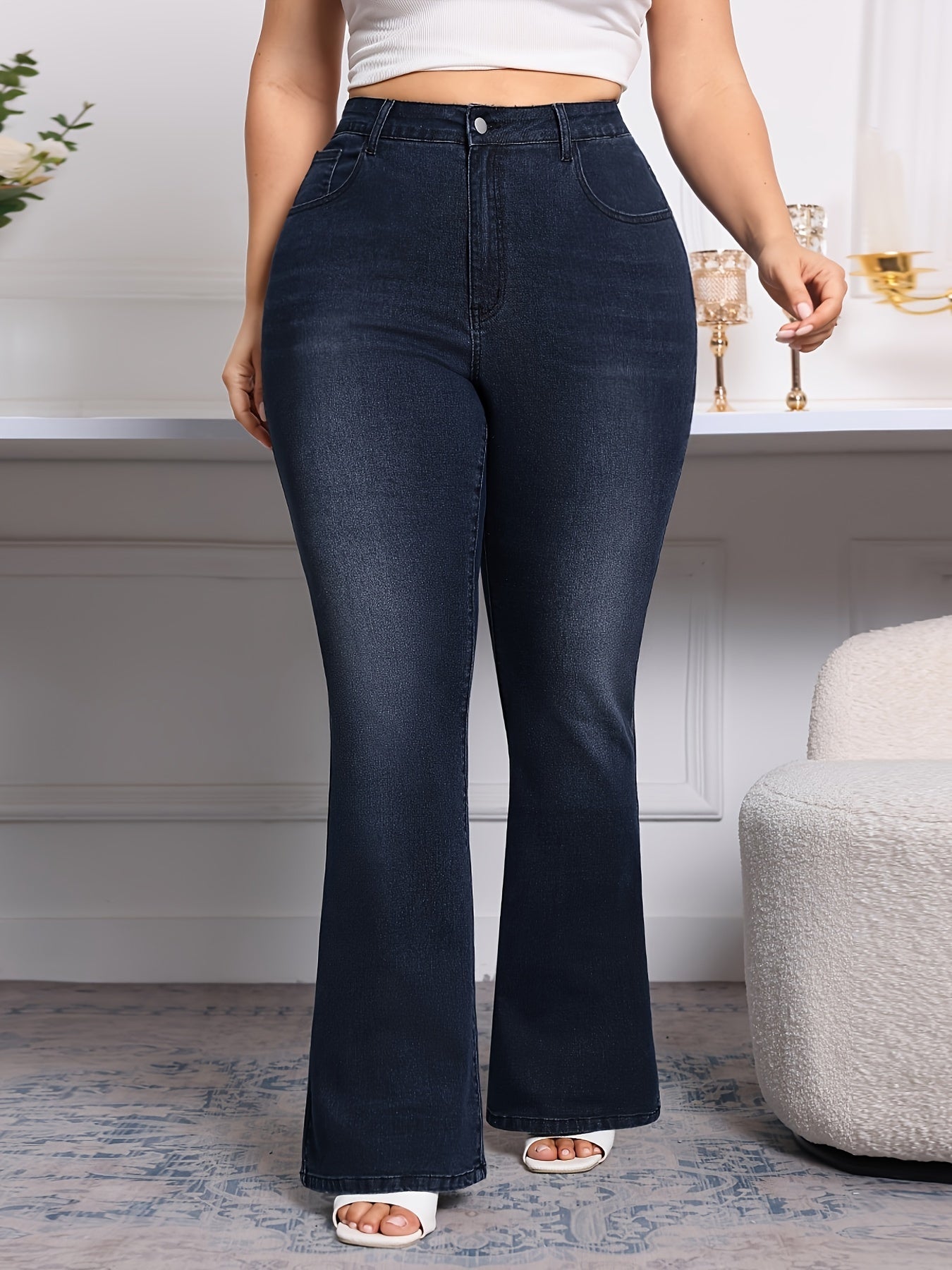 Plus Size Flare Leg Plain Washed Casual Style Zipper Button Closure Denim Pants, Women's Denim Jeans & Clothing