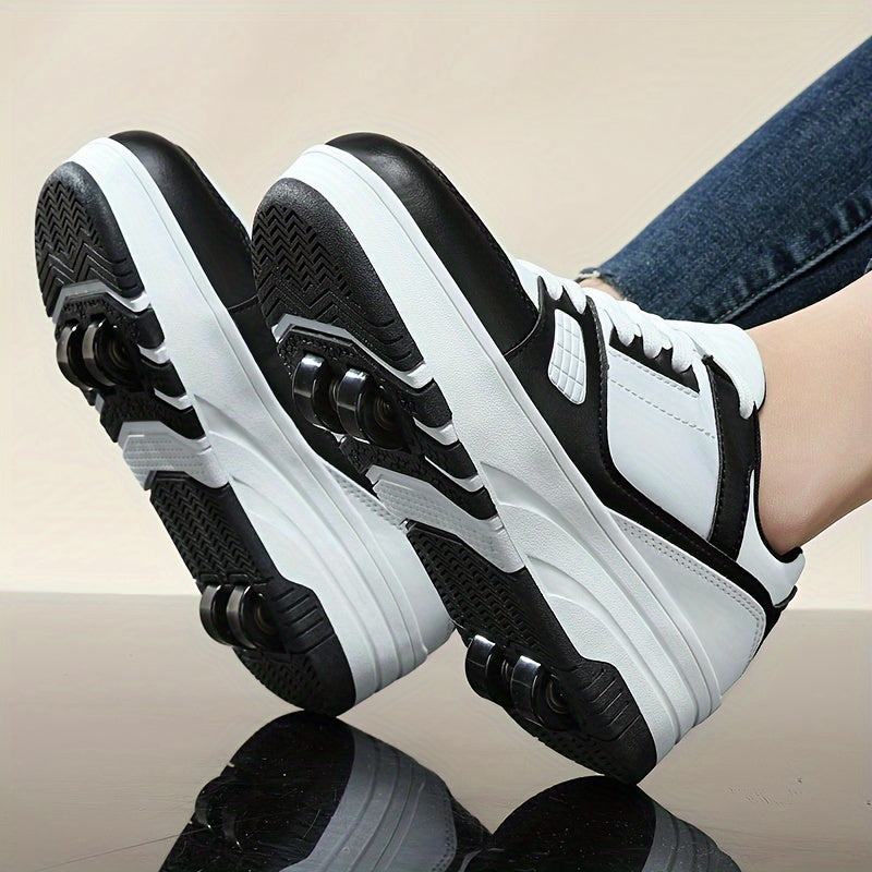 Boys' Fashion Roller Skate Footwear - Non-Slip Dual Wheel, Lace-Up with Durable Buckle Straps, Black & White, Suitable for All Seasons