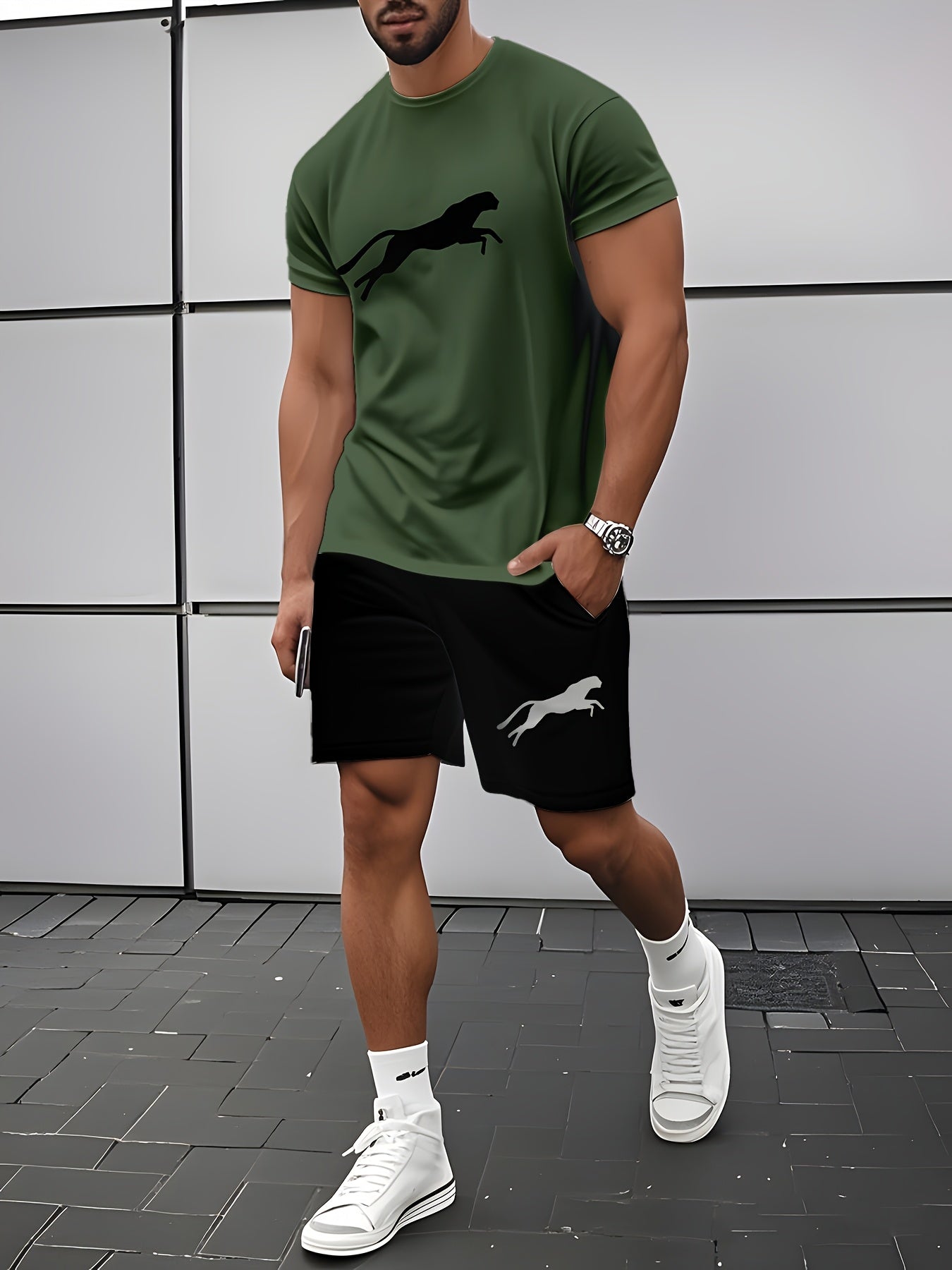 Leopard Print 3D Printed Men's Casual Sportswear Set - Breathable Polyester Knit Fabric, Crew Neck Short Sleeve T-Shirt and Shorts Combo, Regular Fit for All Seasons