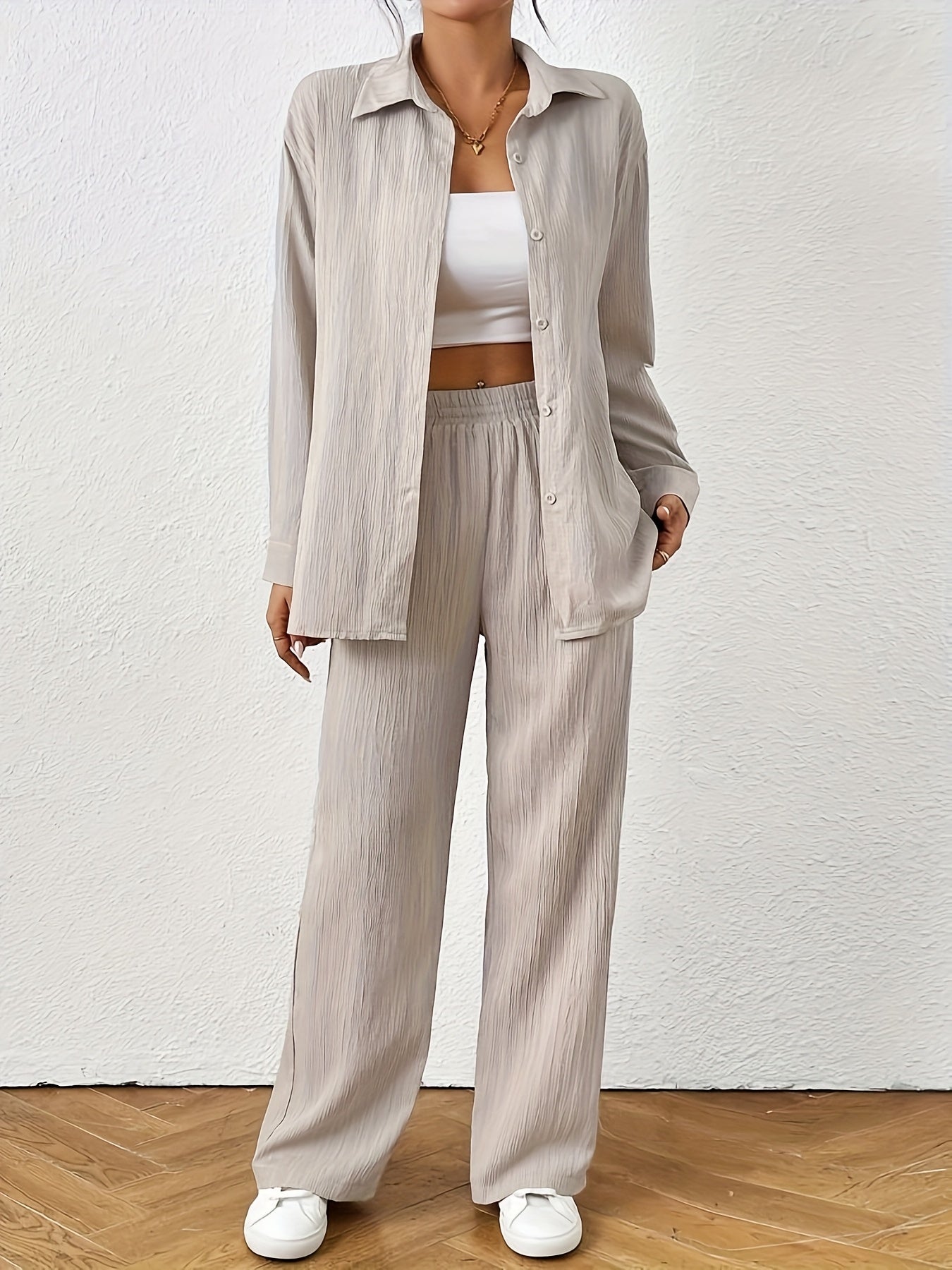 2pcs Women Spring & Autumn Casual Solid Color Long Sleeve Shirt And Pants Set