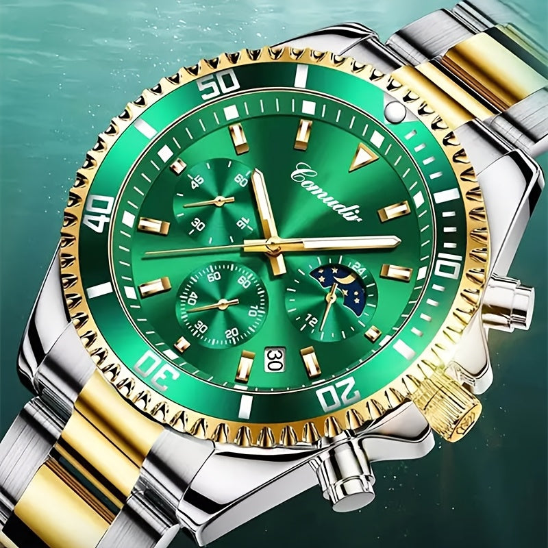 1pc New Fashion Stainless Steel Luxury Quartz Watch, High-end, Casual, Round Dial, Multi-scale, Night Light, Date Display, with Birthday, Holiday, Anniversary, for Men, Travel, Party