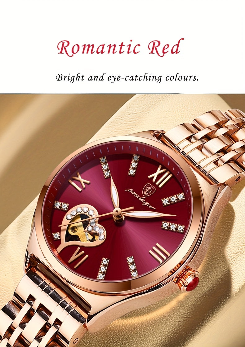 POEDAGAR Elegant Women's Quartz Watch - Rose Golden-Tone Stainless Steel, Luminous Hands & Calendar,, Date Display with Heart Detail
