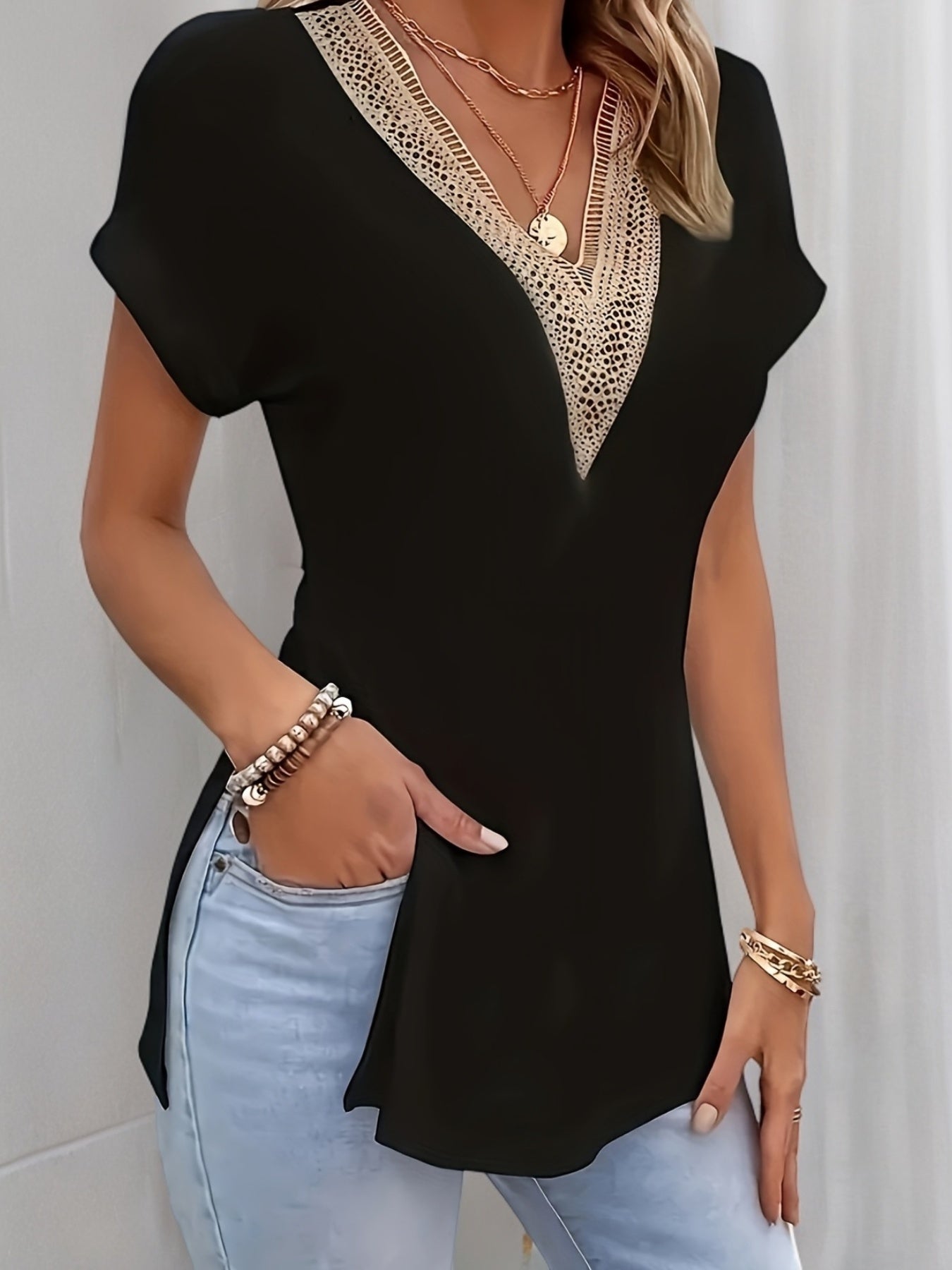 Guipure Lace V-neck Split T-Shirt, Vintage Short Sleeve T-Shirt For Spring & Summer, Women's Clothing